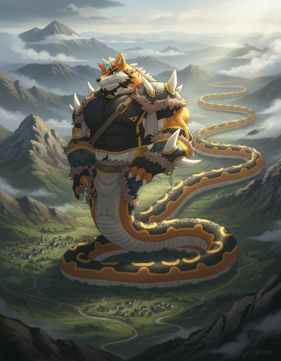 生成一张表现此角色粗壮蛇躯有几千米长度的场景 - 图片创意预览