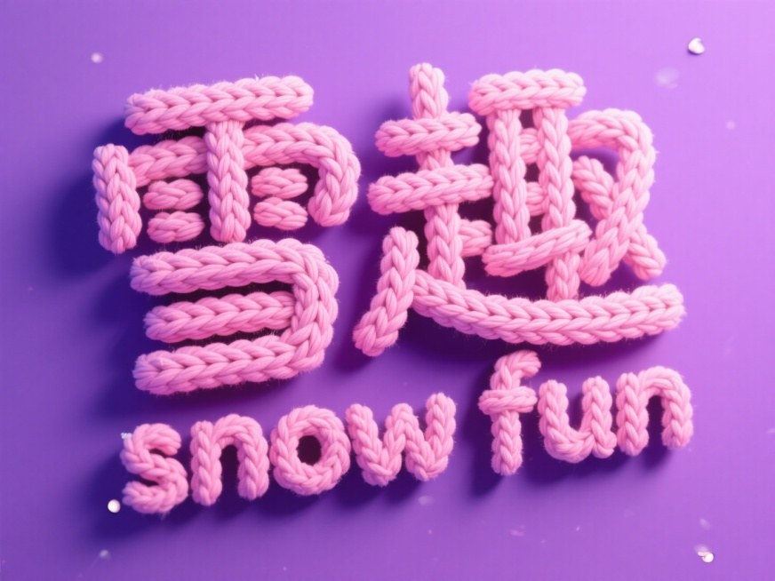 “雪趣”“snow fun” 织物风格卡通字体，构造方式为粉色的线缠字体结构，多层毛线缠绕，字体像毛衣编织，搭配针织纹理，手工质感强烈，紫色背景预览效果