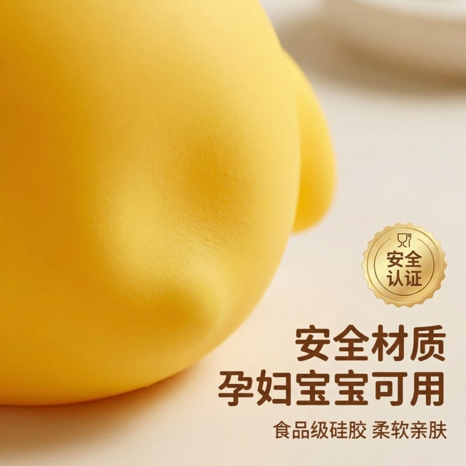 [主图 3] 可爱蛋蛋硅胶小夜灯材质细节展示
氛围风格：干净明亮，软萌清新，突出材质质感
画面元素：对黄色蛋仔硅胶小夜灯的硅胶表面做微距放大展示，放在浅米色柔光背景上，清晰呈现硅胶细腻柔软的纹理质感，预览效果