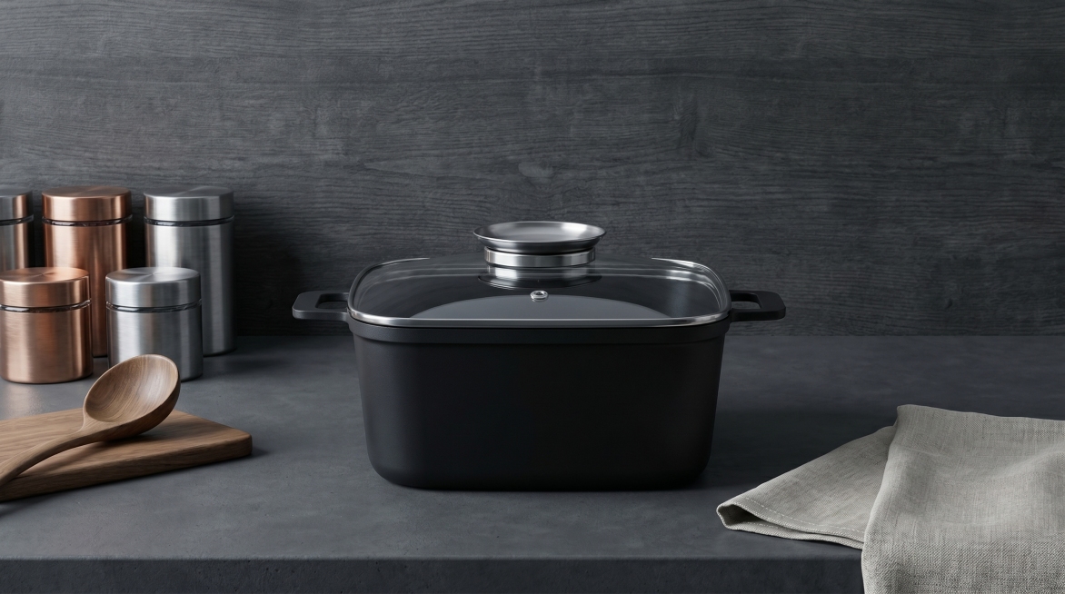将这口黑色方形汤锅放置在深灰色哑光水泥台面上，背景为深灰色木质纹理墙面，整体风格极简轻奢，搭配金属调味罐、玻璃锅盖、木质餐具等厨具配件，采用柔和商业布光，冷灰色调，高清写实质感，细节丰富，8K分辨率，预览效果
