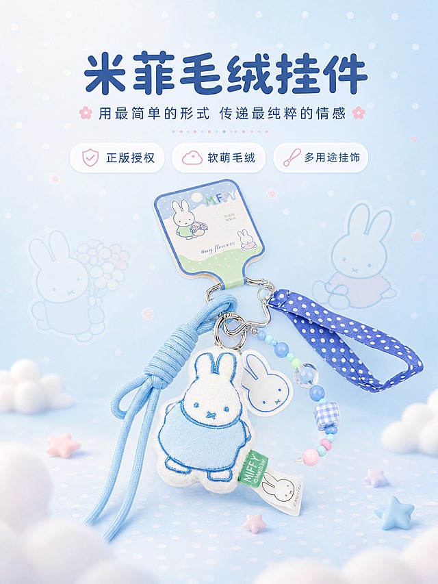 [商品] 使用【图1】米菲Miffy蓝色毛绒挂件钥匙扣；保留白色毛绒兔子主体、浅蓝色衣服、蓝色刺绣轮廓、绿色MIFFY布标、蓝色编织挂绳、蓝白波点织带、马卡龙色串珠、亚克力兔子吊牌、银色五金扣、正版吊牌的全部结构、颜色、材质和文字；商品处理：自然理顺挂绳形态，增强毛绒绒感和五金光泽，不改变产品结构和比例。
[画面] 目标：氛围头图，突出软萌治愈的第一印象。居中偏下放置米菲毛绒挂件主体，产品占画面约55%，正面微侧角度。背景为柔和的马卡龙蓝渐变，点缀白色小波点和淡粉色小花图案，营造童趣梦幻氛围。前景有轻微虚化的白色云朵和星星装饰，中景为产品主体，后景为渐变底色加米菲简笔插画剪影。阅读动线从上到下，上方留白放标题文案。
[视觉] 套系策略：风格=软萌复古童趣治愈系商业摄影；标题字=圆润粗黑体圆角无衬线；正文字=简洁圆角无衬线体；主色=马卡龙浅蓝；背景延展=基于马卡龙浅蓝做深浅渐变、同色系波点/格纹/小花图案质感；强调色=淡粉色，仅用于小面积图标、装饰元素和重点标签；标题色=深蓝色；正文色=中蓝色；组件=圆角白底信息卡、虚线引线、圆点装饰；光影=顶部柔和漫射光，产品底部有自然投影，整体明亮通透。
[文字] 上方居中主标题「米菲毛绒挂件」，副标题「用最简单的形式 传递最纯粹的情感」，下方配3个小卖点图标+文字：正版授权、软萌毛绒、多用途挂饰。文字区不遮挡米菲公仔主体。所有文字横向排版。
[规格] 图片比例3:4竖版，分辨率4K，quality=medium。避免变形、错字、文字过小、冷灰背景、产品颜色改变、结构失真、极限词。