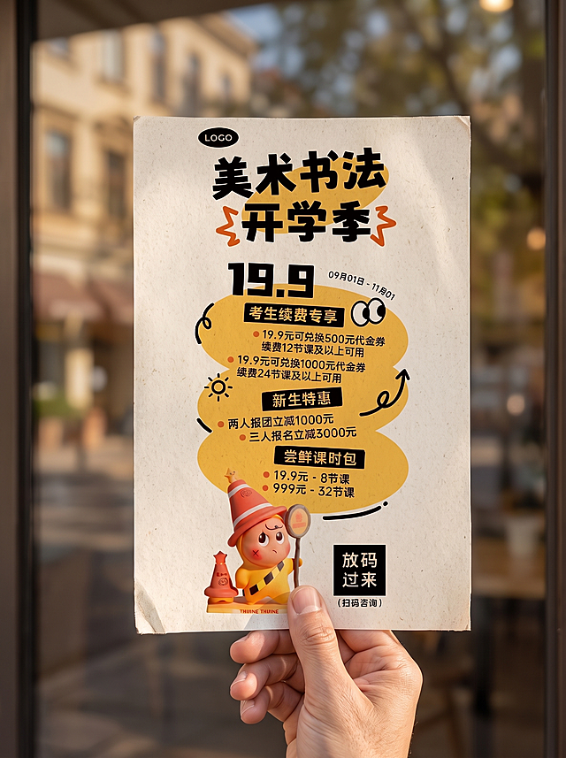 将原图放入超写实照片的A4海报样机中，由一只手自然举着，背景是带有建筑倒影的玻璃门，暖调自然光，背景柔化浅景深，整体氛围温馨，手部动作真实自然，海报带有纸张纹理，透视清晰，8K高清，细节丰富