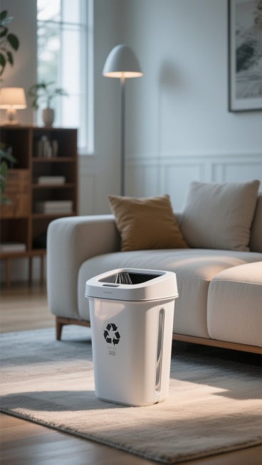 A plastic recycling bin for the living room, shaped like a household trash can with streamlined desi预览效果