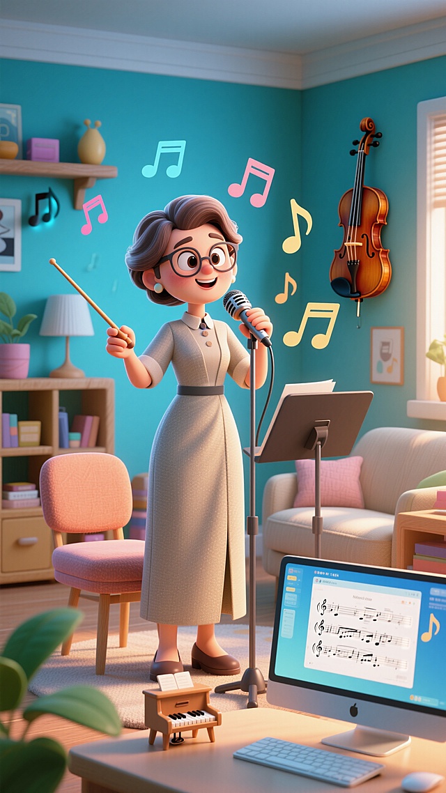🎵3D 卡通音乐老师，欢快音符中优雅授课🎶
