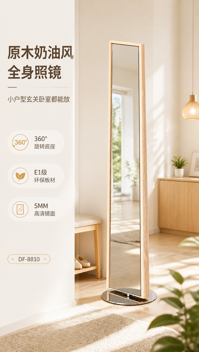 [商品] 使用【图1】DF-8810原木风旋转穿衣镜；保留圆柱… - 图片创意预览