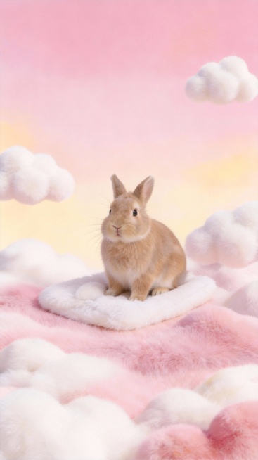 图中兔子小一点，毛垫白色，其它不变，商业真实高清摄影预览效果