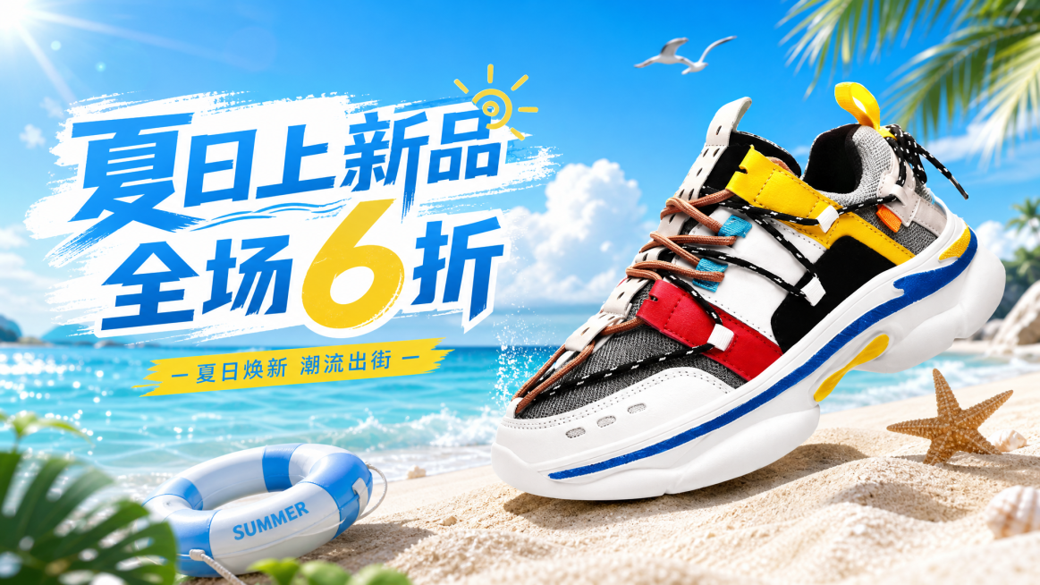 夏日上新品，图中的潮流老爹鞋置于夏日清新海边背景，横幅海报，加上醒目的促销文字"夏日上新品 全场6折"，整体风格活力清爽，横图构图预览效果