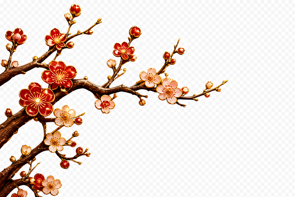 独立提取生成图中的左上角红色梅花枝素材，保留花朵红金质感，背景透明预览效果