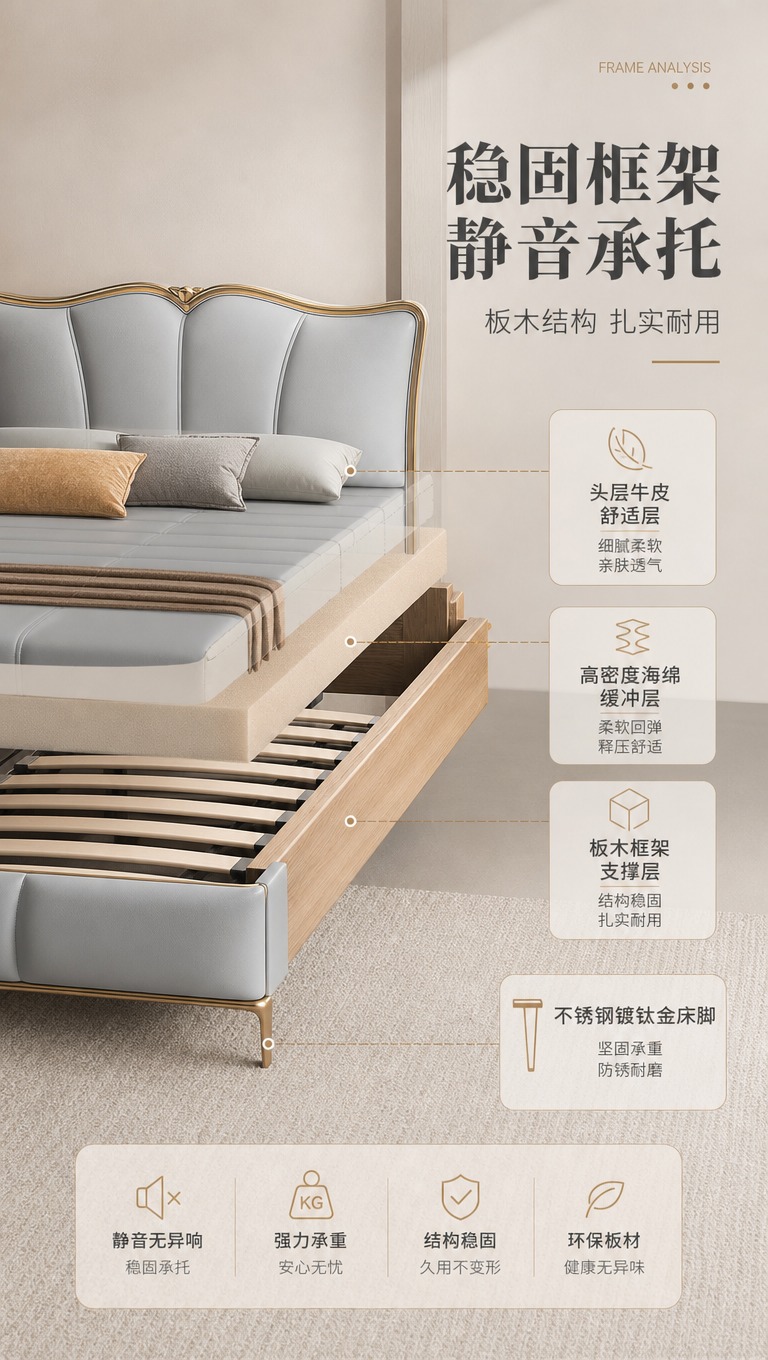 [商品] 使用【图1】浅灰色头层牛皮软包床；保留床的整体造型、… - 图片创意预览