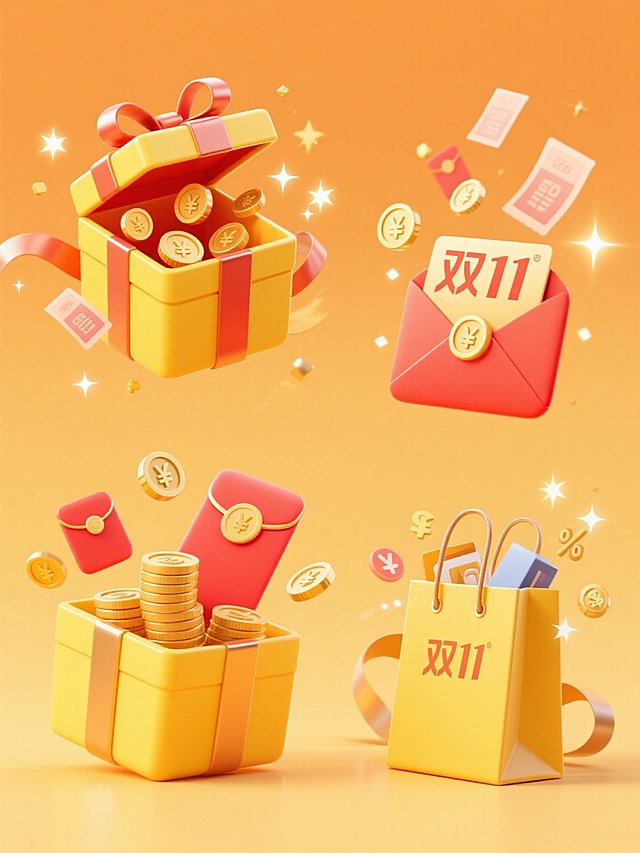 一套4个规整排布的电商营销素材，保持简约现代的3D立体渐变风格，纯色背景，整体采用明亮的橙黄色调，光影柔和，高光细节丰富，具透明感和光泽质感，构图均衡。第一个为原素材：黄色礼盒带有大蝴蝶结，盒内红色宝箱打开，金币和红包从宝箱中溢出，周围有飘带和带货币符号的票据飞舞，点缀闪亮星点。第二个变体：黄色礼盒保持不变，内部为打开的金色红包，红包中飞出金币和“双11”字样，周围有飘落的优惠券和闪亮星点。第三个变体：黄色礼盒保持不变，内部为堆叠的金色硬币，硬币旁有打开的红色信封，信封上印有“双11”标志，周围有货币符号飘带和闪亮星点。第四个变体：黄色礼盒保持不变，内部为金色购物袋，购物袋中露出商品和“双11”标签，周围有飞舞的折扣符号和闪亮星点。所有素材无logo、无水印、无电话地址及二维码，适配双11电商营销场景。
