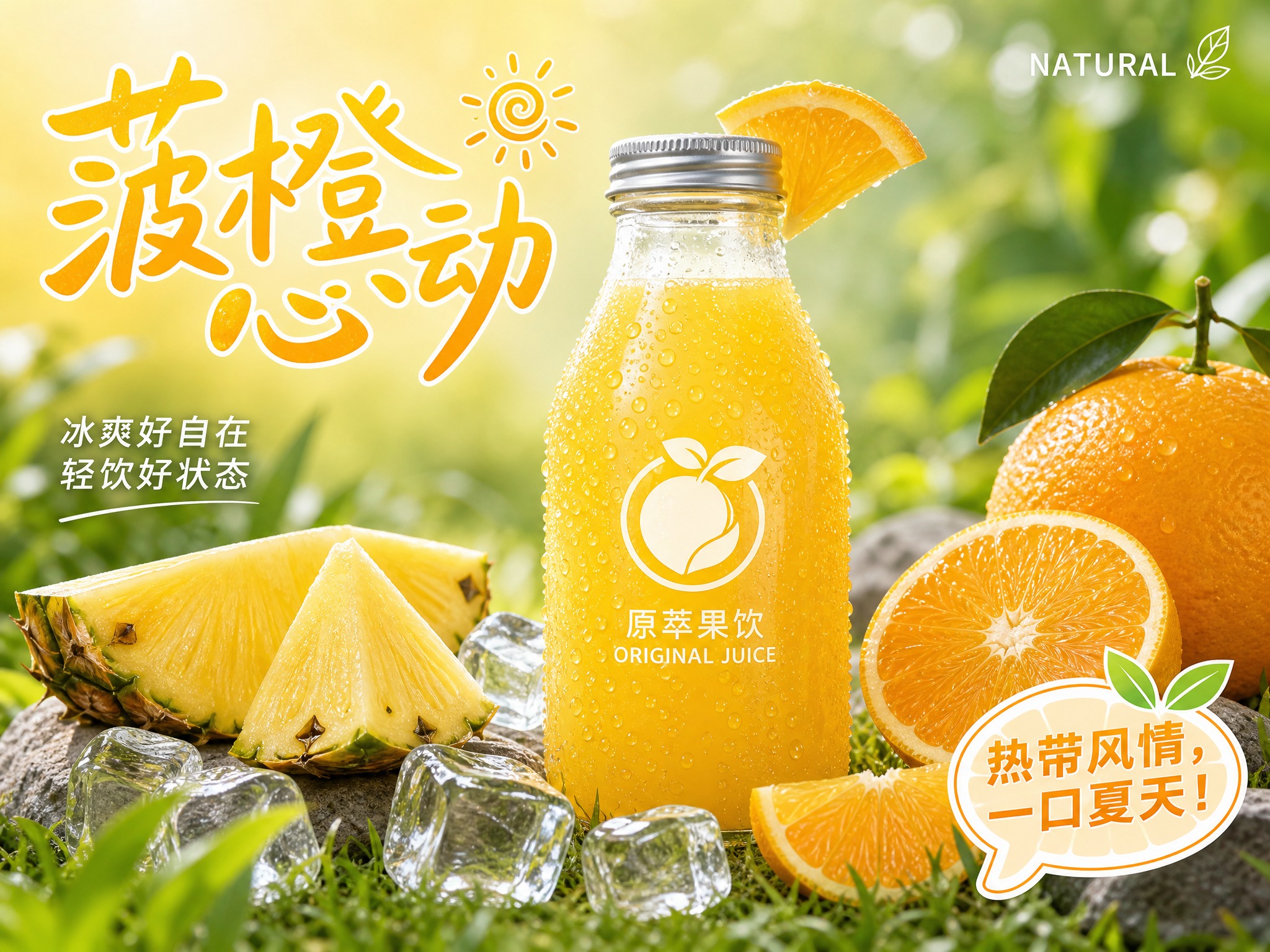 菠萝橙汁鲜榨果汁广告海报，4:3横版比例。画面中央是一瓶透明胖… - 图片创意预览