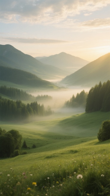 写实风格的户外风景，清晨阳光穿透薄雾洒在广阔的绿色山谷中，远处是连绵的山峦和茂密的森林，天空中飘着柔和的云彩，整体色调以绿色和金色为主，光影柔和，营造出宁静而神秘的氛围，山谷间弥漫着淡淡的晨雾，草地上点缀着零星的野花，远处的山峰在晨光中若隐若现。预览效果
