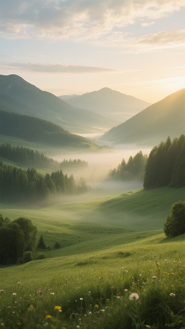 写实风格的户外风景，清晨阳光穿透薄雾洒在广阔的绿色山谷中，远处是连绵的山峦和茂密的森林，天空中飘着柔和的云彩，整体色调以绿色和金色为主，光影柔和，营造出宁静而神秘的氛围，山谷间弥漫着淡淡的晨雾，草地上点缀着零星的野花，远处的山峰在晨光中若隐若现。