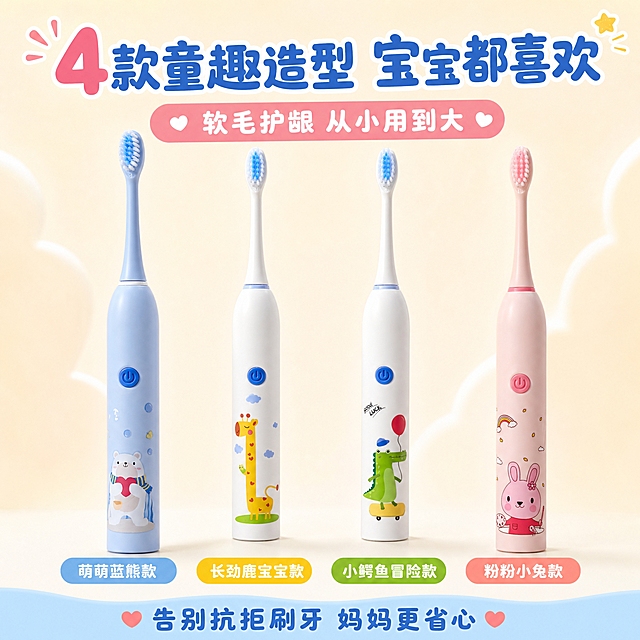 [主图-5] 多色多款规格展示图，任务：展示4款童趣外观可选，促进下单转化。
[统一基调] 拼多多风格，大字直白，童趣温馨，奶油白+浅粉蓝主色，圆润软萌黑体标题，圆角卡片样式。
[画面] 画面中央整齐排列4支儿童电动牙刷，从左到右依次为：浅蓝小熊款、白色长颈鹿款、白色鳄鱼款、粉色兔子款，呈阶梯状或一字排开展示，每支下方标注款式名称。背景为干净的浅奶油色渐变，底部有柔和的投影。上方大标题区域，下方有选购引导文字。每支牙刷完整展示，外观颜色、卡通图案、按钮位置与输入图完全一致，刷毛清晰。
[光影质感] 商业产品陈列摄影质感，柔和均匀布光，产品底部有自然投影，材质细腻有质感，整体干净高级。
[配色] 背景奶油白渐变，标题字深粉蓝，款式名称用彩色圆角底框，分别对应各款主题色：浅蓝、明黄、草绿、珊瑚粉。
[文字版式] 顶部大标题："4款童趣造型 宝宝都喜欢"，副标题："软毛护龈 从小用到大"。每款牙刷下方对应标注款式名："萌萌蓝熊款"、"长劲鹿宝宝款"、"小鳄鱼冒险款"、"粉粉小兔款"。底部一行小字："告别抗拒刷牙 妈妈更省心"。文字圆润黑体，层级分明，大字醒目。
[输出要求] 1:1正方形，2048*2048，4款产品清晰排列，外观与输入图一致，文字清晰无错字，无水印无平台Logo，无杂乱元素。