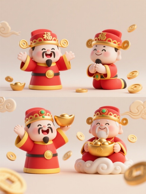 3D卡通风格财神元素集合，采用柔和的浅色背景，上下两行对齐排列四个不同动态与表情的财神形象。每个财神均保持圆润可爱的Q版造型，头戴镶金红色官帽，帽顶有金色"福"字装饰，面部为白暂肤色配黑色弯眉和八字胡，身着传统红色镶金黄边官服，腰间系金色玉带并挂有金色圆形吊坠。第一行左侧财神双手张开作欢迎状，面带开怀大笑表情；右侧财神单膝跪地拱手作揖，露出谦逊微笑。第二行左侧财神手持金元宝高举头顶，表情惊喜兴……预览效果
