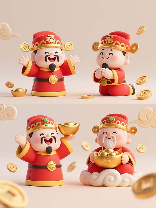 3D卡通风格财神元素集合，采用柔和的浅色背景，上下两行对齐排列四个不同动态与表情的财神形象。每个财神均保持圆润可爱的Q版造型，头戴镶金红色官帽，帽顶有金色"福"字装饰，面部为白暂肤色配黑色弯眉和八字胡，身着传统红色镶金黄边官服，腰间系金色玉带并挂有金色圆形吊坠。第一行左侧财神双手张开作欢迎状，面带开怀大笑表情；右侧财神单膝跪地拱手作揖，露出谦逊微笑。第二行左侧财神手持金元宝高举头顶，表情惊喜兴奋；右侧财神盘腿坐于祥云之上，手捧聚宝盆，神情慈祥满足。所有财神周围均点缀漂浮的金色祥云、铜钱和元宝等吉祥元素，整体风格统一为光滑细腻的3D渲染效果，色彩明快喜庆，光影柔和立体感强，保持与原图一致的可爱萌系风格和传统中国年俗主题。