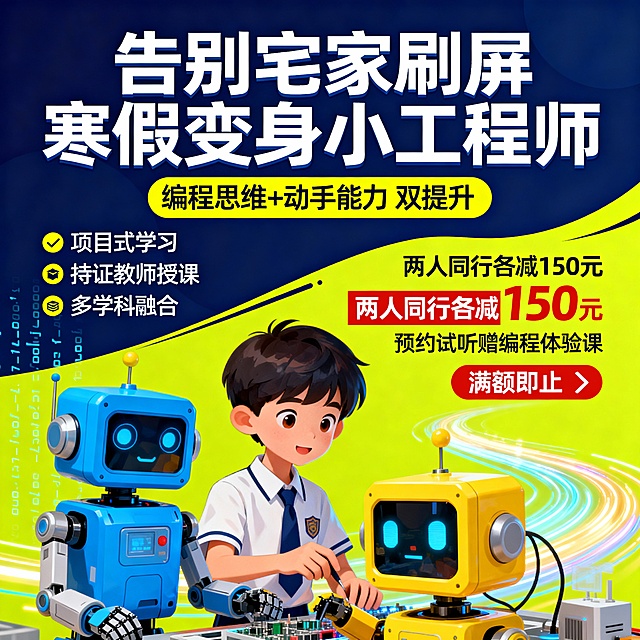营销型机器人编程寒假班招生海报，以深蓝 + 亮黄撞色增强视觉冲击。主标题 “告别宅家刷屏 寒假变身小工程师”直击家长需求，搭配 “编程思维 + 动手能力 双提升” 辅助文案。左侧展示课程优势：项目式学习、持证教师授课、多学科融合；右侧突出营销福利：“两人同行各减 150 元”“预约试听赠编程体验课”“满额即止” 倒计时标识，点缀卡通学生实操机器人的插画、代码流等元素。整体信息直观易懂，突出营销核心，适合快速传播转化。
