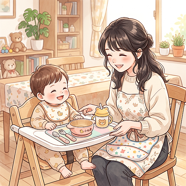 漫画风格，6-10个月大的小孩小仙君在饭前准备，第五个场景：展示妈妈已经给小仙君消毒好的儿童餐具，妈妈和小仙君都穿现代装扮，整体柔和清新可爱，温馨居家餐桌环境