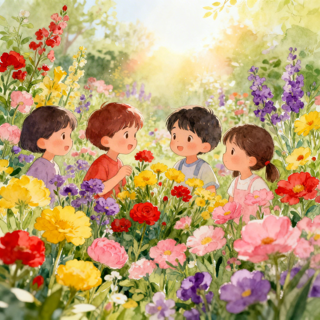春日花园插画，各种不同品种的花朵以各自姿态缤纷盛开，色彩丰富和谐，有红、黄、粉、紫多种花色，花朵大小形态各不相同，整体氛围阳光明媚温暖柔和，象征每个孩子都有独特的成长节奏和光芒，清新手绘风格预览效果