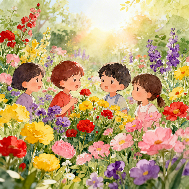 春日花园插画，各种不同品种的花朵以各自姿态缤纷盛开，色彩丰富和谐，有红、黄、粉、紫多种花色，花朵大小形态各不相同，整体氛围阳光明媚温暖柔和，象征每个孩子都有独特的成长节奏和光芒，清新手绘风格