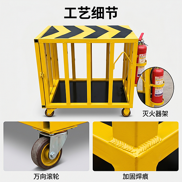 [主图 3] 电焊机防护罩细节工艺展示
[氛围风格] 专业工业细节特写，延续整体风格统一性
[画质] 商业摄影质感、超高清特写细节、纹理清晰，画面干净高级
[元素] 放大展示电焊机防护罩的万向移动轮、金属框架焊接处和灭火器固定架三个核心细节，采用主图加两个细节画中画的布局，保持产品各部位材质质感、颜色与输入产品图绝对一致，杜绝变形色差，精细化处理金属焊接纹理和滚轮橡胶纹理
[光影] 硬光突出金属质感和纹理细节，每个细节区域光影均匀，纹理清晰可见
[配色] 保持产品原有黄黑黄色配色，背景浅灰色统一风格
[视角构图] 主图展示产品整体，两个细节小图放底部左右位置，构图均衡，主产品占比约50%，细节图各占20%，层次清晰
[文字版式] 顶部主标题 "工艺细节" 黑色加粗，每个细节小图下方标注对应名称「万向滚轮」「加固焊痕」「灭火器架」，文字清晰不遮挡
[比例分辨率] 1:1 比例，2k分辨率，文字清晰锐利，超高清
[负向提示词] 变形，水印，文字错乱，产品图模糊，背景杂乱，牛皮癣，配色刺眼，遮挡主体