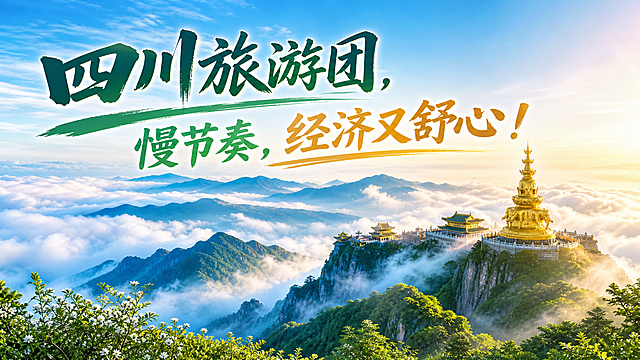 四川旅游宣传海报，画面上方包含醒目的文字文案"四川旅游团，慢节奏，经济又舒心！"，背景展示四川峨眉山春夏金顶云海自然风景，整体风格清新自然吸引人