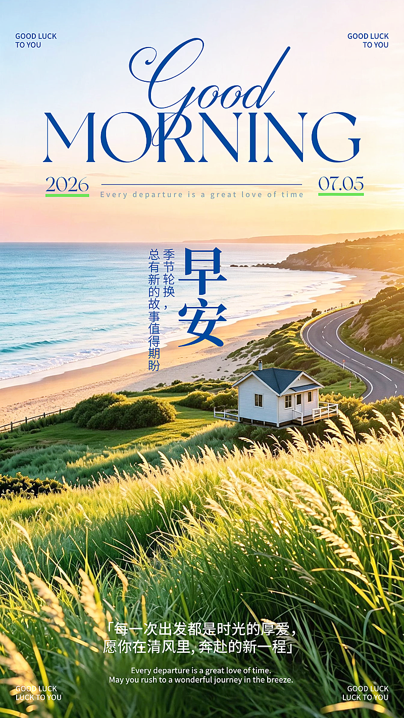 早安日签治愈写实海边风景朋友圈宣传手机海报