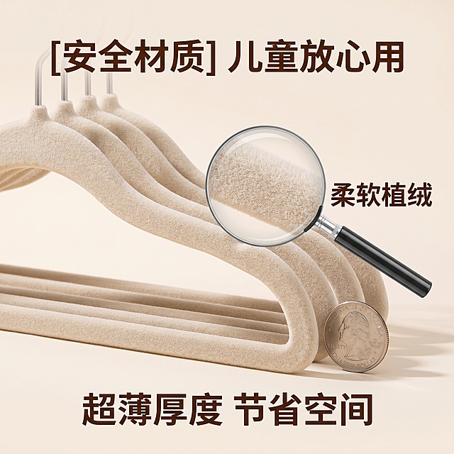 [主图 3] 儿童植绒衣架材质细节安全展示。[氛围风格] 干净明亮的居家日用风，柔和细腻；[画质] 商业摄影质感，光线柔和通透，产品清晰真实，画面干净高级。[元素] 产品主体居中，局部放大镜效果放大植绒表面纹理，展示柔软细腻质感，旁边放置硬币参照物对比展示超薄厚度。保持衣架外观物理结构、材质质感、颜色与输入产品图绝对一致，杜绝任何变形和色差，精细化处理。商品主体占比约70%，画面满屏无边框。[光影] 侧逆光突出植绒肌理，光线柔和，细节清晰。[配色] 浅色暖调背景，干净柔和。[视角构图] 平视特写，细节突出。[文字版式] 顶部大标题 "[安全材质] 儿童放心用" 深棕色粗体，底部标注 "超薄厚度 节省空间"，放大镜框旁标注 "柔软植绒"，文字简洁不遮挡细节，对比清晰易读。[比例分辨率] 1:1比例，2k分辨率，文字清晰锐利，画面超高清。[负向提示词] 变形，水印，文字错乱，产品图模糊，背景杂乱，冷色调，遮挡主体