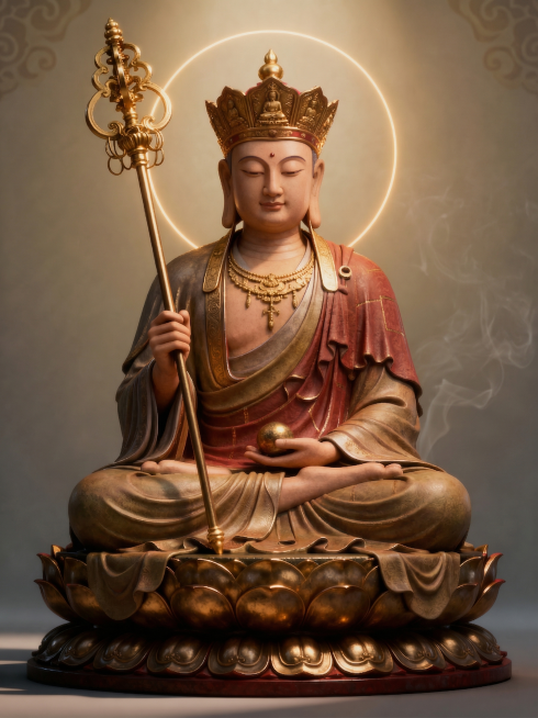 藏传佛教地藏王菩萨神像，更人性化的形象，质感更加温柔，庄严肃穆中带着柔和感，佛光环绕，禅意氛围，3D国风渲染预览效果