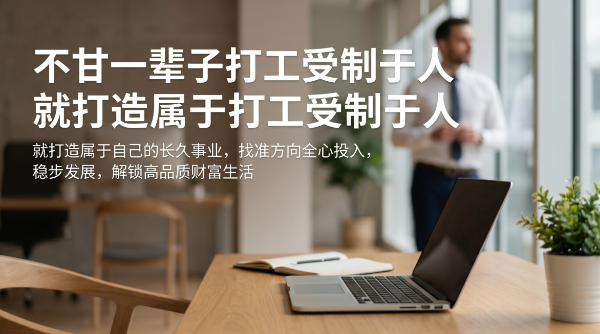 生活化实景简约风横版，办公室背景添加一个站立的老板远景虚化，包含文案：主标题"不甘一辈子打工受制于人"，副标题"就打造属于自己的长久事业，找准方向全心投入，稳步发展，解锁高品质财富生活"，主副标题分明预览效果