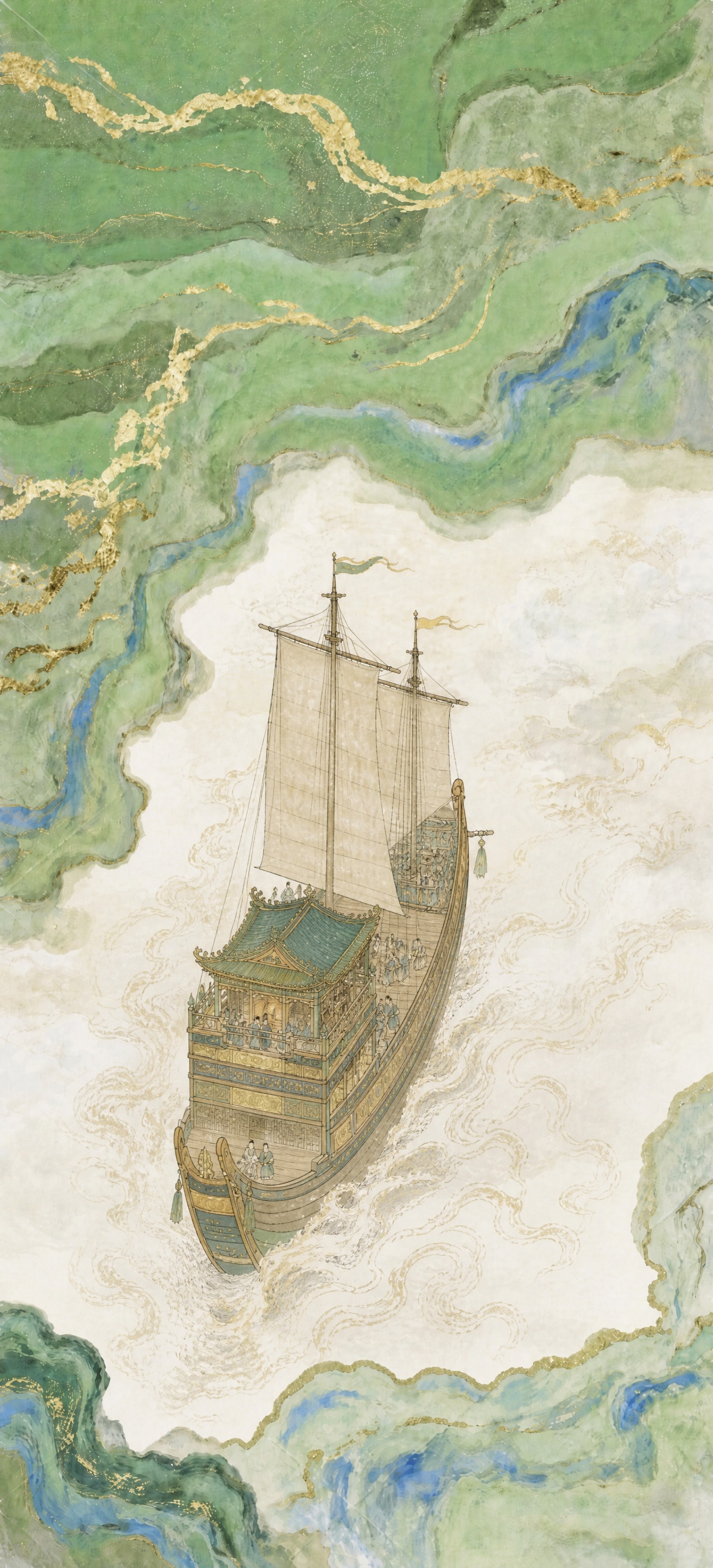 保持原图青绿鎏金山水背景和唐代古画画风不变，将画面中间的唐风大… - 图片创意预览