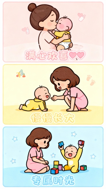 Q 版宝妈 + 宝宝・温馨互动
整体风格：温馨治愈、暖色调，三宫格记录亲子瞬间，适合母婴类内容；
第一宫格：Q 版宝妈（扎丸子头，穿浅粉连衣裙）抱着 Q 版宝宝（戴尿不湿，粉嘟嘟脸蛋），低头微笑亲吻宝预览效果