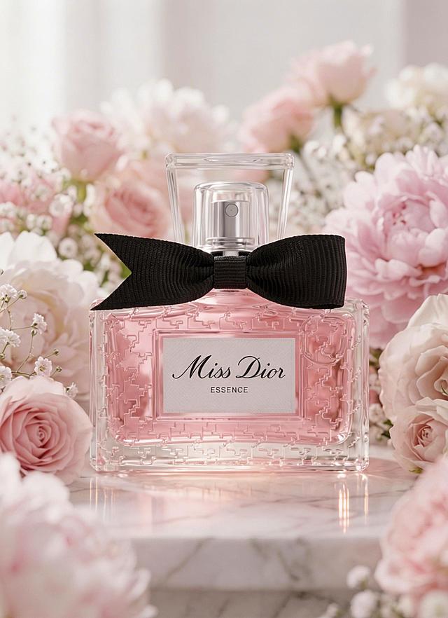 给香水产品打光，瓶身周围的物体设置低饱和氛围光，作为环境辅光柔和照亮周边物体，被从瓶子发出的光打亮，最大化提升瓶身明亮的通透感，保留瓶内液体的色彩层次与质感，光比控制在1:3~1:4，避免过曝或死黑，实现主体通透与环境氛围的平衡