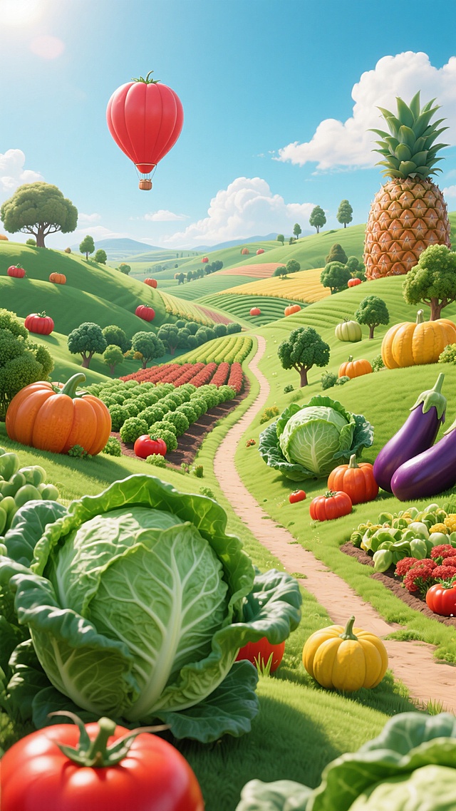 超现实主义风格的3D立体果蔬田园场景，明亮鲜艳的色彩搭配，以翠绿为主色调，点缀红色番茄、黄色南瓜、紫色茄子等丰富果蔬色彩，阳光明媚的光影效果，清晰的光源来自左上方，形成柔和的高光与自然阴影，表面光滑细腻的3D质感，充满生机与活力的欢快氛围。画面中巨大化的各类果蔬构成起伏的田园 landscape，前景是放大的绿色菜叶和红色番茄，中景是整齐排列的卷心菜山丘、西兰花树丛、南瓜点缀的田野，一条蜿蜒的小路穿过田园，远景有菠萝形状的树木和更多果蔬地貌，天空湛蓝，飘着几朵白云，一个红色番茄形状的热气球漂浮在空中，整体构图采用深远的透视效果，营造出梦幻般的童话世界感，充满想象力的果蔬元素创意设计，细节丰富，层次分明，视觉冲击力强。