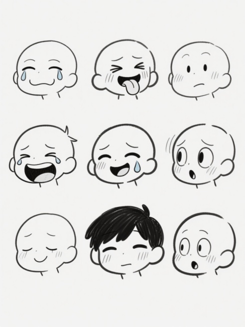 9个不同表情的卡通人物头部手绘线稿，包括哭泣、微笑、吐舌、大笑、眯眼笑、流泪笑、睁眼惊讶等表情，每个头部轮廓简洁，五官线条流畅，带有速写感的笔触，部分表情有汗水和泪珠的线条表现，整体风格为简约动漫手绘草图，白色纯色背景，无其他元素干扰。预览效果