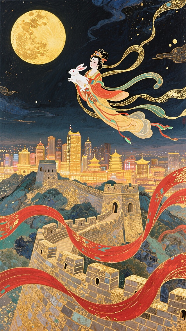 梦幻感与国潮风交织，嫦娥怀抱玉兔飞越长城与现代都市，工笔细腻、鎏金点缀，水彩晕染夜空，超现实主义呈现中秋唯美意境。