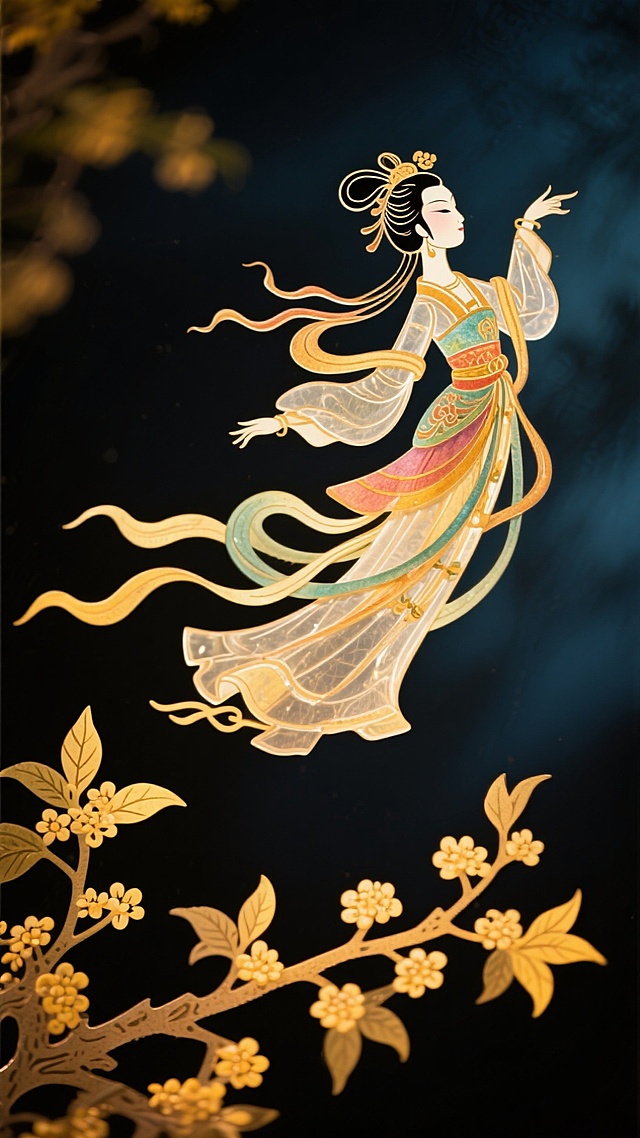 古典工笔与皮影风融合，鎏金枝头映衬飞天仕女，中式梦幻意境中透出优雅唯美的文艺气息。