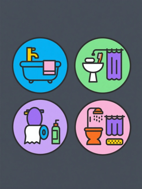 一组四个规整排布的浴室主题图标，每个图标均为简洁的线条风格，轮廓为黑色实线，内部填充不同的柔和纯色背景，保持相同的圆形边角和扁平化设计语言。第一个图标是蓝色浴缸配粉色毛巾和黄色水龙头，第二个图标是绿色洗手池配白色肥皂和橙色牙刷，第三个图标是紫色马桶配蓝色卷纸和绿色清洁剂，第四个图标是橙色淋浴喷头配紫色浴帘和黄色防滑垫，所有元素均采用相同粗细的线条绘制，整体色彩明快协调，形成统一的浴室用品系列素……预览效果