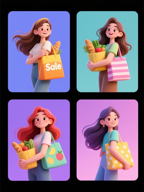 软3D风格插画，四个造型各异的年轻女性角色系列，每个角色均背着不同设计的购物袋（分别印有“Sale”字样、水果图案、条纹图案、波点图案），手中抱着装满蔬菜面包的黄色购物袋，长发飘逸，穿着休闲服装，展现对购物的热情与愉悦感。整体色彩采用六个不同色调组合（蓝紫色调、橙黄色调、粉绿色调、红棕色调、青蓝色调、紫粉色调），每个角色独立置于对应色调的纯色背景中，六幅画面呈规整网格排布。角色姿态生动活泼，线……预览效果