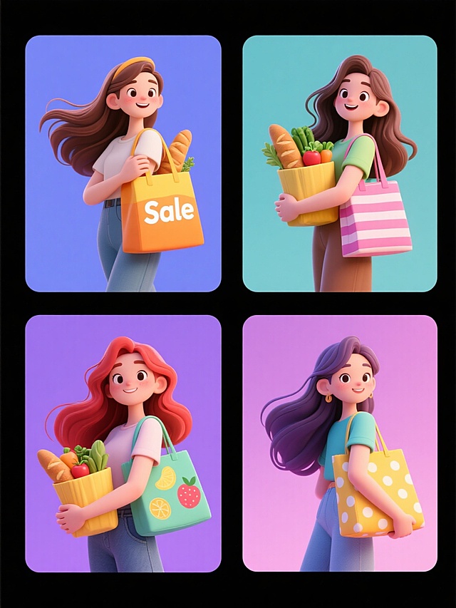 软3D风格插画，四个造型各异的年轻女性角色系列，每个角色均背着不同设计的购物袋（分别印有“Sale”字样、水果图案、条纹图案、波点图案），手中抱着装满蔬菜面包的黄色购物袋，长发飘逸，穿着休闲服装，展现对购物的热情与愉悦感。整体色彩采用六个不同色调组合（蓝紫色调、橙黄色调、粉绿色调、红棕色调、青蓝色调、紫粉色调），每个角色独立置于对应色调的纯色背景中，六幅画面呈规整网格排布。角色姿态生动活泼，线条流畅圆润，色块分明且过渡柔和，构图简洁明快，视觉层级清晰，信息传达高效，符合年轻女性受众的审美和购物主题宣传目的，具有时尚的设计感。