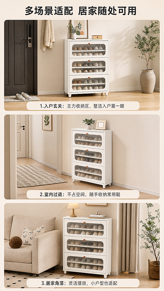 「图片1」，「图片1」生成详情页，商品名称为钢制鞋柜，适配淘宝/天猫平台，单图比例为9:16，需求屏数为8张。板块1 首屏主海报

画面：产品全景图（黑白双色鞋柜）+简约玄关背景
大字标题：简约钢制鞋柜 玄关收纳好物
副标题：静电喷涂工艺 | 无毒无异味 防尘防潮
侧边标签（小字）：加厚钢材 | 磁吸柜门 | 稳固防倒 | 大容量储物
底部标语：放鞋储物两不误 颜值实用双在线

板块2 痛点对比

画面：左右分栏对比图
主标题：告别玄关杂乱 一站式解决收纳难题
左侧（旧痛点）：
鞋子乱堆 易落灰受潮
材质有味 居家不舒心
柜体晃动 存在安全隐患

右侧（本产品）：
密闭防尘 防潮不发霉
环保工艺 无味更健康
加固设计 稳固不倾倒

板块3 六大核心设计（2行3列宫格）

主标题：六大贴心设计 细节尽显用心

1. 加厚钢材
加厚板材，坚固抗变形，承重更牢靠

2. 绿色工艺
静电粉末喷涂，环保无毒，居家无异味

3. 防尘防潮
密闭柜门防护，隔绝灰尘，不惧回潮

4. 可调底脚
高低自由调节，凹凸地面也能平稳放置

5. 大容量储物
多层分区设计，全家鞋子轻松收纳

6. 稳固防倒
标配防倒结构，摆放安心，守护家人安全

板块4 工艺&材质特写（多图细节展示）

主标题：精工细作 品质看得见
图1 钢材细节：加厚冷轧钢，扎实耐用，久用不变形
图2 喷涂工艺：静电粉末喷涂，表面光滑耐刮，安全无异味
图3 磁吸柜门：内置磁吸装置，闭合严实，开关静音不夹手

板块5 功能亮点展示

画面：柜体内部+加宽台面实拍/标注图
主标题：多功能设计 一物多用更实用
加宽台面：顶部加宽台面，钥匙、包包、绿植随心摆放
分层储物：合理分层布局，长短鞋均可收纳，空间利用率高
密闭柜门：有效防尘，保持鞋子干净整洁

板块6 双色款式展示

画面：黑色、白色鞋柜并排展示
主标题：黑白双色 百搭各类家装
白色款：清新简约，适配北欧、极简风家居
黑色款：沉稳大气，适配现代、工业风家居

板块7 多场景应用

主标题：多场景适配 居家随处可用
入户玄关：主力收纳区，整洁入户第一眼
室内过道：不占空间，随手收纳常用鞋
居家角落：灵活摆放，小户型也适配

板块8 售后&服务收尾

主标题：贴心服务 购物无忧
精简服务标语：
简易组装 配件齐全 上手轻松
破损包赔 | 售后保障 | 用心服务