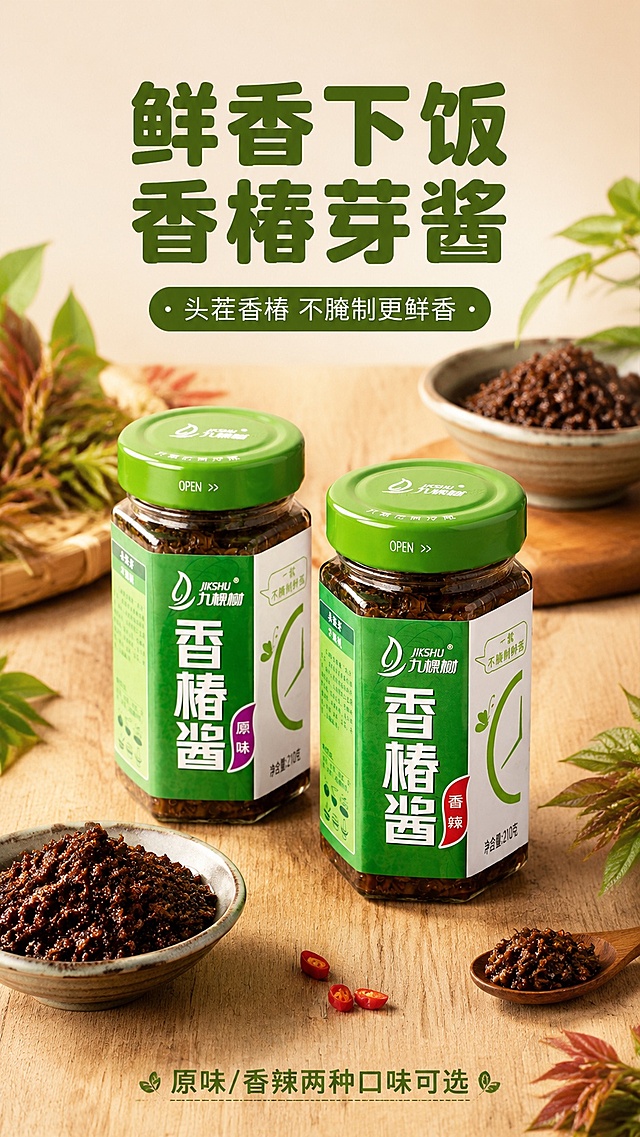 「图片1」，生成一套详情页，商品名称为xxx，适配淘宝/天猫平台，单图比例为9:16，需求屏数为8张。「图片1」「图片1」「图片1」「图片1」「图片1」「图片1」「图片1」「图片1」「图片1」这是一款香椿酱，请你帮我生成8张详情页