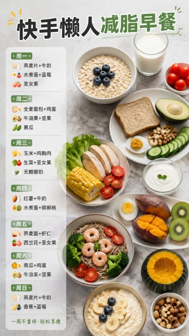 9:16竖版美食实拍风减脂海报，背景为浅灰色厨房台面，摆放真实拍摄的对应减脂食材，标题“快手懒人减脂早餐”放在顶部，一周食谱放在侧边透明信息框，整体真实有食欲，突出食材新鲜健康，适合朋友圈分享。完整保预览效果