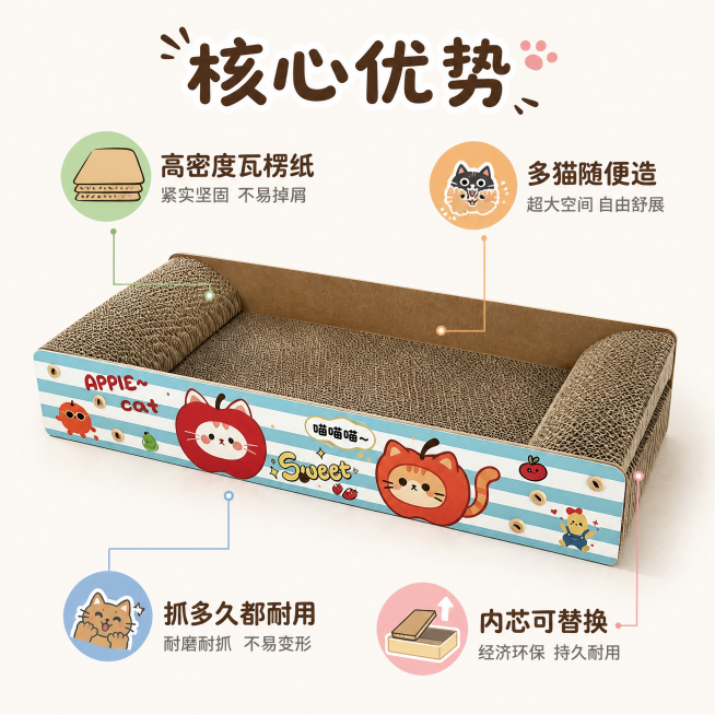 [主图-2] 核心卖点展示页
[氛围风格] 清晰简约可爱风
[画质] 商业摄影质感、光线柔和通透、产品清晰真实、画面干净高级
[元素] 苹果猫抓板居中摆放，保持产品外观（物理结构、材质质感、颜色）与原预览效果