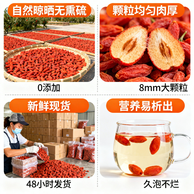 卖点详情图，分四个模块展示核心卖点：1. 自然晾晒无熏硫：枸杞晾晒场景+"0添加"标识；2. 颗粒均匀肉厚：枸杞截面特写+"8mm大颗粒"标注；3. 新鲜现货：仓库打包场景+"48小时发货"承诺；4.预览效果