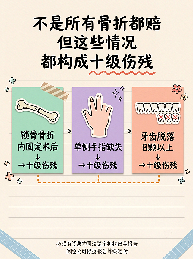 小红书竖版海报，3:4比例，剪纸拼贴艺术风格。背景：温暖米色纸张纹理底（#F5F0E6），隐约可见横线笔记本痕迹，整体文艺复古。主视觉（画面中上部）：三个并排的剪纸风格卡片，从左到右依次排列：【卡片1 - 薄荷绿底】- 卡片内剪纸画：一根锁骨骨骼（线条粗犷可爱）- 卡片下方手写体文字（深绿色）："锁骨骨折" "内固定术后"- 卡片底部：一个小箭头↓ 指向 "→ 十级伤残"- 卡片右上角：washi胶带贴纸（米色+棕色斜条纹）装饰【卡片2 - 薰衣草紫底】- 卡片内剪纸画：一只手（线条可爱，小指位置断开）- 卡片下方手写体文字（深紫色）："单侧手指缺失"- 卡片底部：一个小箭头↓ 指向 "→ 十级伤残"- 卡片右上角：手绘小星星装饰【卡片3 - 蜜桃粉底】- 卡片内剪纸画：一排整齐的牙齿（8颗，右下角3颗打红色X）- 卡片下方手写体文字（深红色）："牙齿脱落" "8颗以上"- 卡片底部：一个小箭头↓ 指向 "→ 十级伤残"- 卡片右上角：手绘小花朵装饰。三张卡片下方：一个横向连接线（手绘虚线，橙色），将三个卡片串联。文字（画面上方，唯一文字）：手写体粗字，深炭黑色，居中排列："不是所有骨折都赔" "但这些情况" "都构成十级伤残"。"都构成十级伤残"下方：一条珊瑚红波浪线（#E8655A）强调。画面底部（留白区）：两行极小手写体灰色字："必须有资质的司法鉴定机构出具报告" "保险公司根据报告等级赔付"。装饰：- 手绘小医疗十字散落在卡片周围- 底部wasihi胶带（淡蓝色）作为"贴纸感"边框- 手绘箭头→连接三个案例。整体氛围：像朋友认真帮你整理的笔记，温暖不恐吓，但信息量充足。