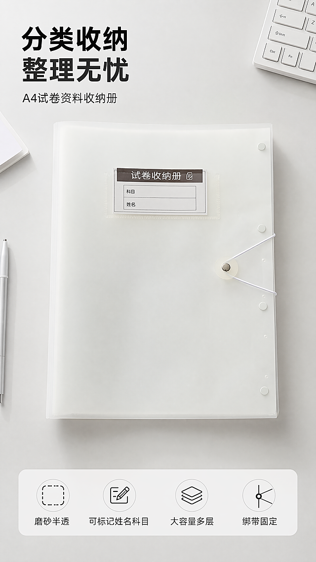 [第1屏] 详情页头图-半透明白色A4资料试卷收纳册产品宣传海报。本屏使用【图1】【图4】作为商品主体参考，保持产品半透明白色磨砂材质、绑带设计、科目姓名标签区域和圆形按扣的物理结构、比例轮廓、颜色与输入产品图一致。[氛围/风格]简约办公文具风格，浅灰白色调，干净通透商业摄影质感，清晰展示产品特性，适合1688批发场景。[元素布局]A4资料册居中放置，占据画面60%-70%主体区域，背景为简约浅灰色办公桌面，左上角留出标题区域，底部放置核心卖点信息条，产品完整展示，主体突出不被遮挡。[光影质感]顶部柔和主光均匀照亮产品，突出半透明磨砂材质的质感，产品下方形成自然柔和阴影，整体明亮干净，产品边缘清晰真实。[配色色系]全局底色：#f5f5f5（浅灰）；主体配色：#f0f0f0（半透明白色）+ #333333（深灰文字）；辅助色：#eeeeee（浅灰边框）。[视角构图]正面平视，产品位于画面中心偏上，标题在左上，卖点信息在底部，阅读动线从上到下自然流畅，背景干净简洁。[文字版式]左上主标题"分类收纳 整理无忧"，黑色粗体无衬线字体，字号约画面宽度8%，主标题下方副标题"A4试卷资料收纳册"，黑色常规字体，字号为主标题40%；底部信息条四个卖点"磨砂半透 可标记姓名科目 大容量多层 绑带固定"，分四点排列，黑色小字，信息条不遮挡产品主体。[比例分辨率]9:16竖版比例，4K分辨率，文字清晰可辨，超高清。[负向提示词]产品变形，结构缺失，颜色偏差，文字错乱，水印，背景杂乱，模糊失真