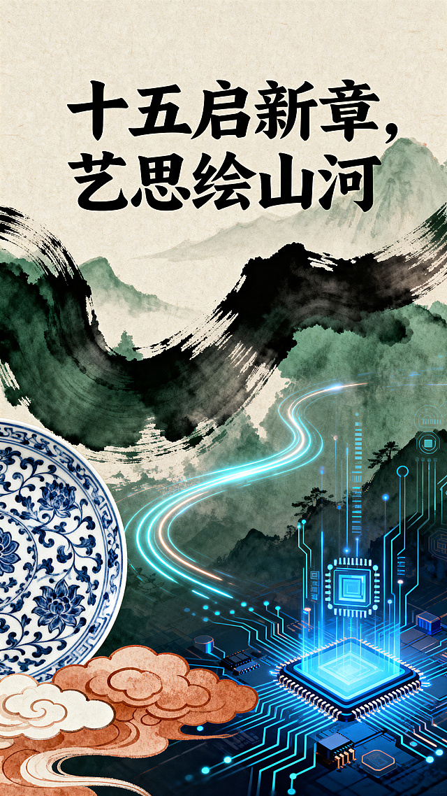 竖版国风海报，主题为“十五启新章，艺思绘山河”，融入新质生产力与中华文脉元素，国风大气设计，使用传统国画笔触与现代科技元素结合，整体色调典雅，包含主题文字"十五启新章，艺思绘山河"，突出新质生产力、中华文脉和国风元素。
