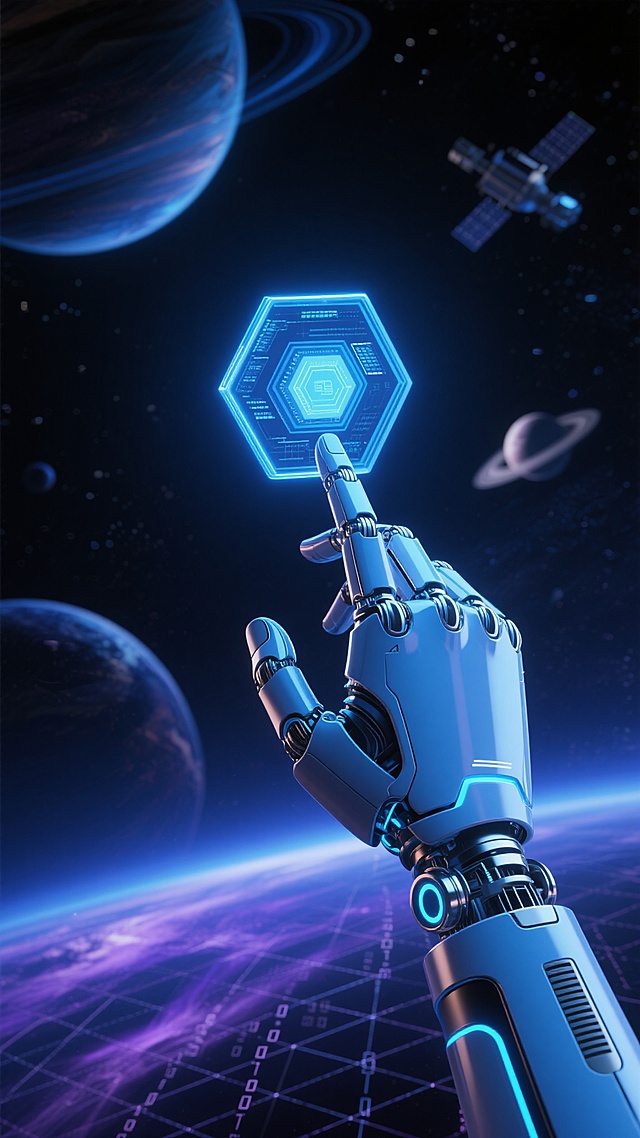 高精度3D渲染的机械手臂特写，金属质感与蓝色发光细节，手指轻触悬浮的全息六边形数据模块，背景为深邃太空场景，点缀旋转的行星、星云和卫星，蓝色与紫色渐变光效，网格状数字线条从机械臂延伸至宇宙空间，科技感与未来感十足，光影对比强烈，高光锐利，暗部深邃，整体呈现神秘而先进的智能科技氛围，无文字信息。