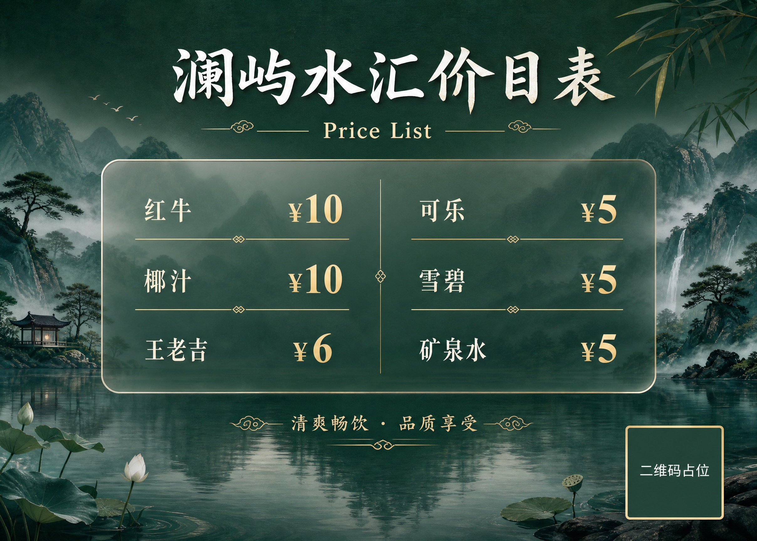 一张澜屿水汇饮品价目表海报，横版构图，清新简约水汇风格。背景为… - 图片创意预览